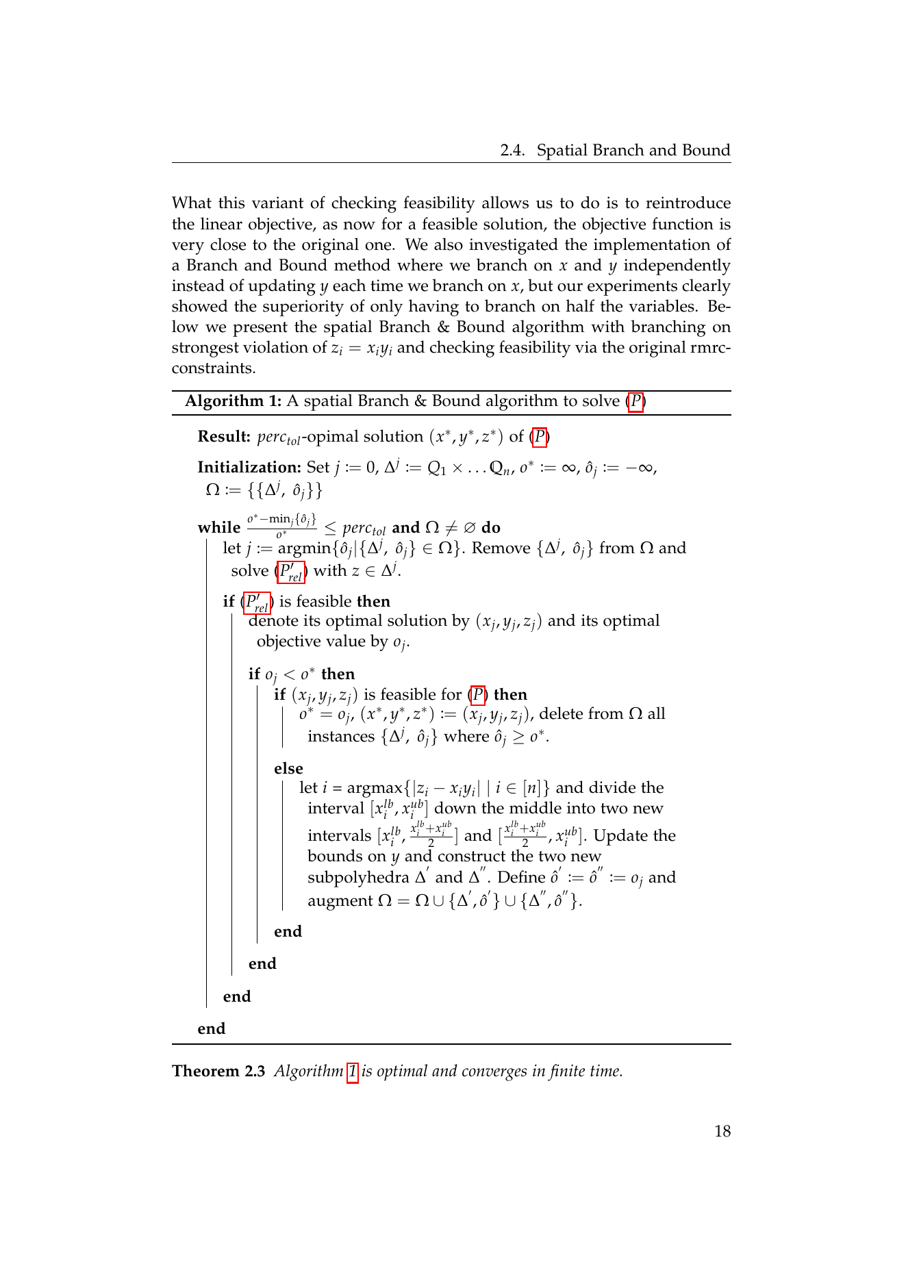 Algorithm 1: the spatial Branch-and-Bound loop. At each node we solve the McCormick-relaxed program, prune by best-bound, and branch on the asset with the largest bilinear violation.