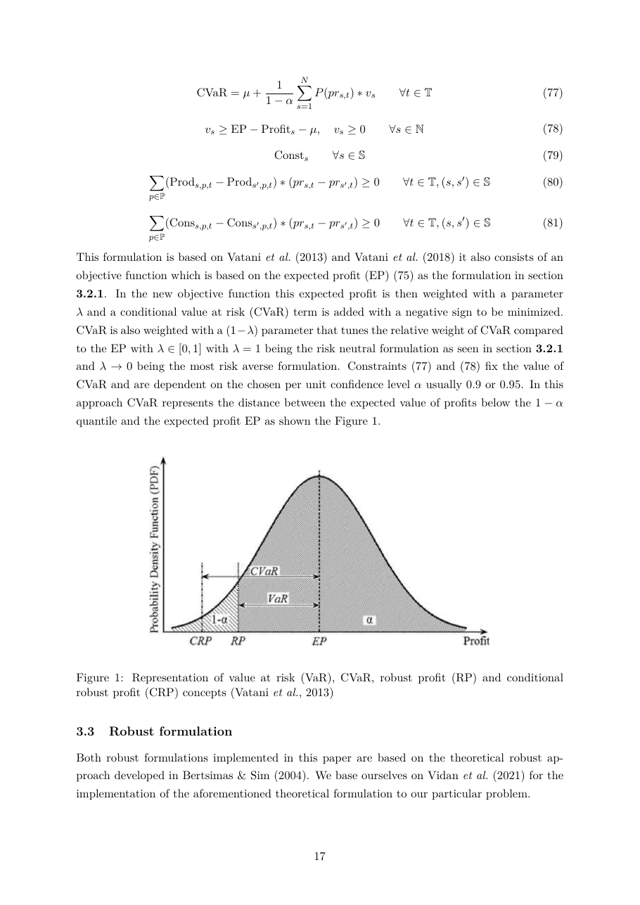 Figure 1 from the report: the relationship between Value at Risk (VaR), Conditional Value at Risk (CVaR), Robust Profit (RP) and Conditional Robust Profit (CRP). CVaR is the expected loss conditional on being in the worst (1 − α) tail; the stochastic-CVaR objective penalizes this directly.