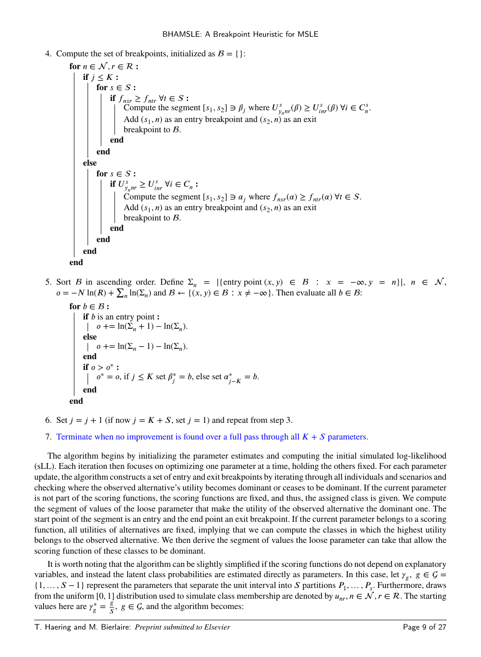 Algorithm step 4 continued: when the active coordinate is a class-probability parameter γ_g (rather than a utility coefficient), the breakpoint logic changes. Here the algorithm asks which class assignment is currently winning for each (n, r), then computes the segment of γ_g values for which that assignment continues to win, and registers entry/exit breakpoints accordingly. This dual-source breakpoint construction (utility vs. class membership) is one of the two non-trivial generalizations BHAMSLE makes over the original BHA from the pricing papers.