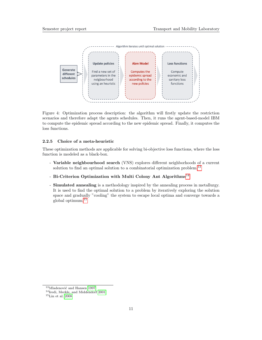 Figure 4 from the report: the outer VNS loop. At each iteration the algorithm proposes a policy move (scenario flip for an age group, or a temporal shift of the restriction window), reassigns the schedules accordingly, runs the IBM forward, and recomputes both losses. Pareto-dominated proposals are discarded; non-dominated ones extend the frontier. Stagnation triggers a neighborhood switch, the move that gets the algorithm unstuck.