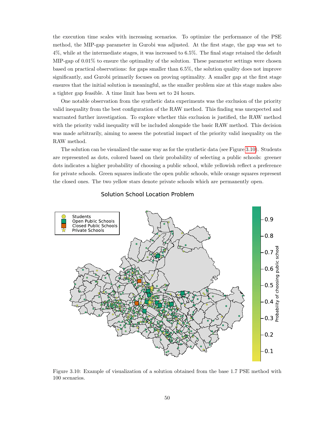 Figure 3.10: the same visualization on the real Swiss school-location dataset (Haase and Müller 2013). Squares are school locations (green = open public school, orange = closed public candidate); yellow stars are the two always-open private schools. Students are colored by their probability of choosing a public school, the geographic clustering of green dots near the open green squares shows the decentralized priority queue at work: students nearest a school capture it first, those further away spill over to alternatives.