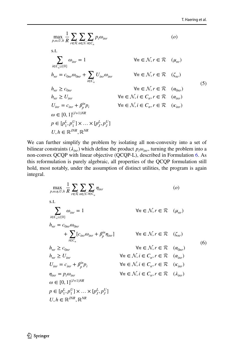 Formulations 5 and 6: our two-step reformulation. Form. 5 (QCQP) drops the integrality on ω and keeps the bilinear p_i · ω_inr inside the constraint ζ_nr, exploiting that the LP relaxation of the knapsack is already integral under distinct utilities. Form. 6 (QCQP-L) then introduces η_inr = p_i · ω_inr as an explicit bilinear equality constraint and pulls all non-convexity into one block, the only thing the spatial B&B has to branch on.