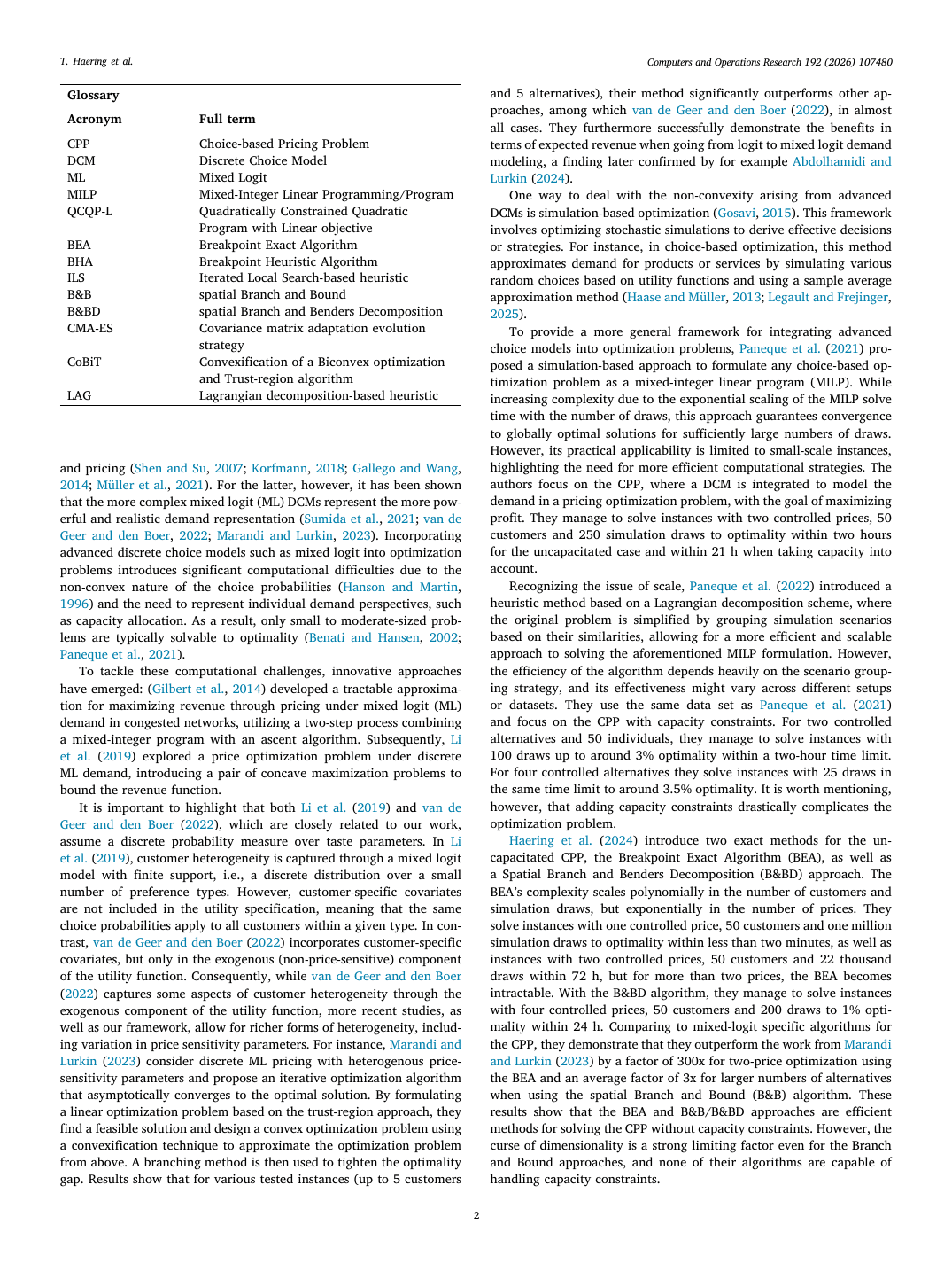 Glossary of the algorithm family. CPP is the choice-based pricing problem; QCQP-L is the non-convex reformulation from our prior work; BEA is the exact algorithm; BHA is the new heuristic; ILS is its iterated-local-search extension; B&B and B&BD are the spatial branch-and-bound methods used for exact uncapacitated solves. LAG (Paneque et al.) and CoBiT (Marandi and Lurkin) are the prior state-of-the-art heuristics for the capacitated and mixed-logit settings respectively, the algorithms we benchmark against in Test 8.