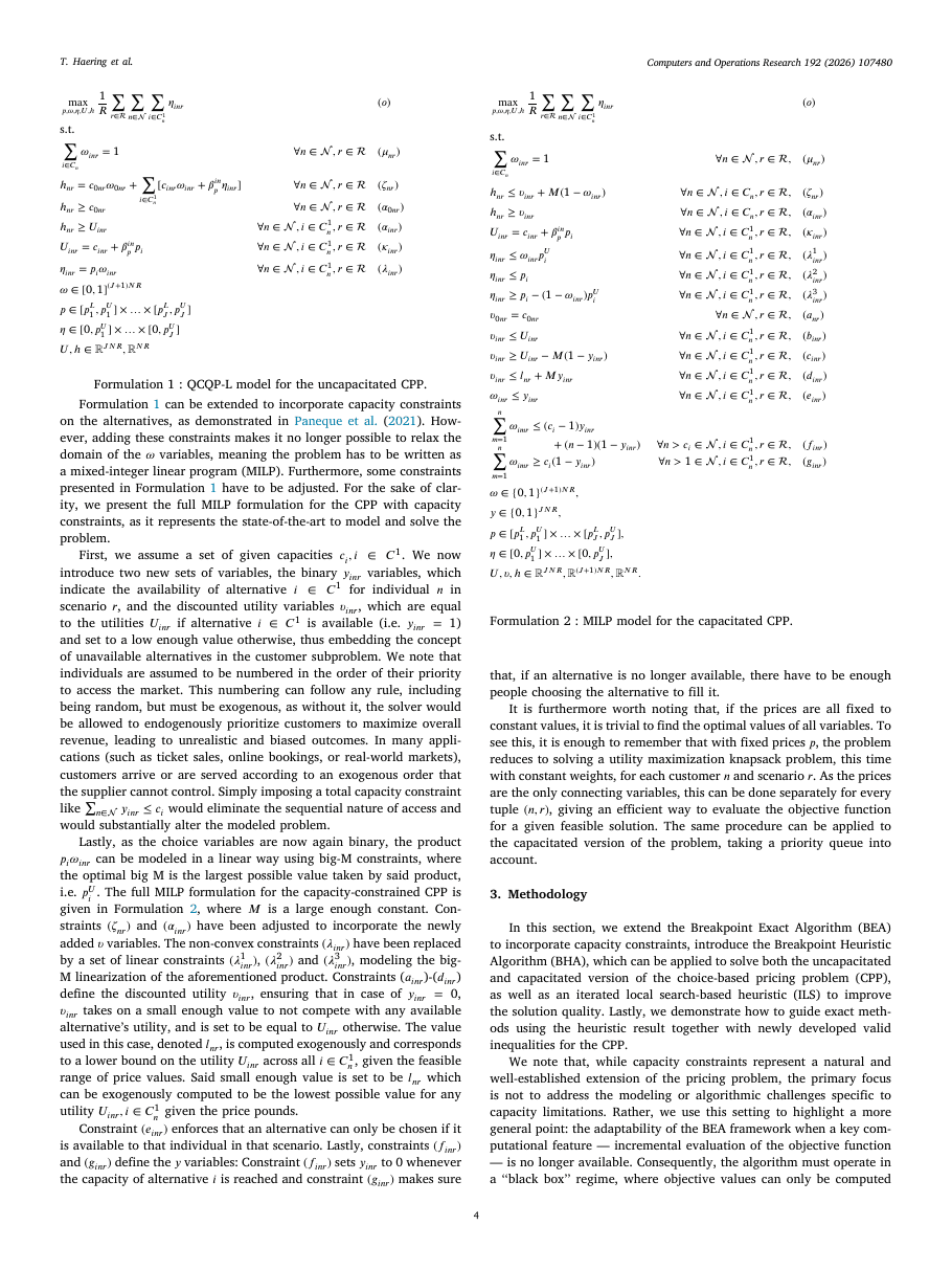 Formulations 1 and 2 from the paper: the QCQP-L formulation that powered our uncapacitated pricing work (left) sits next to the capacitated MILP (right). The capacitated version adds the availability variables y_inr, the discounted utility variables υ_inr, and the priority-queue constraints (f_inr, g_inr). Notice the size of the change: nearly every constraint family expands, and the bilinear linearization with big-M comes back. This is why the capacitated case is genuinely a different algorithmic problem, not just the uncapacitated one with an extra inequality.