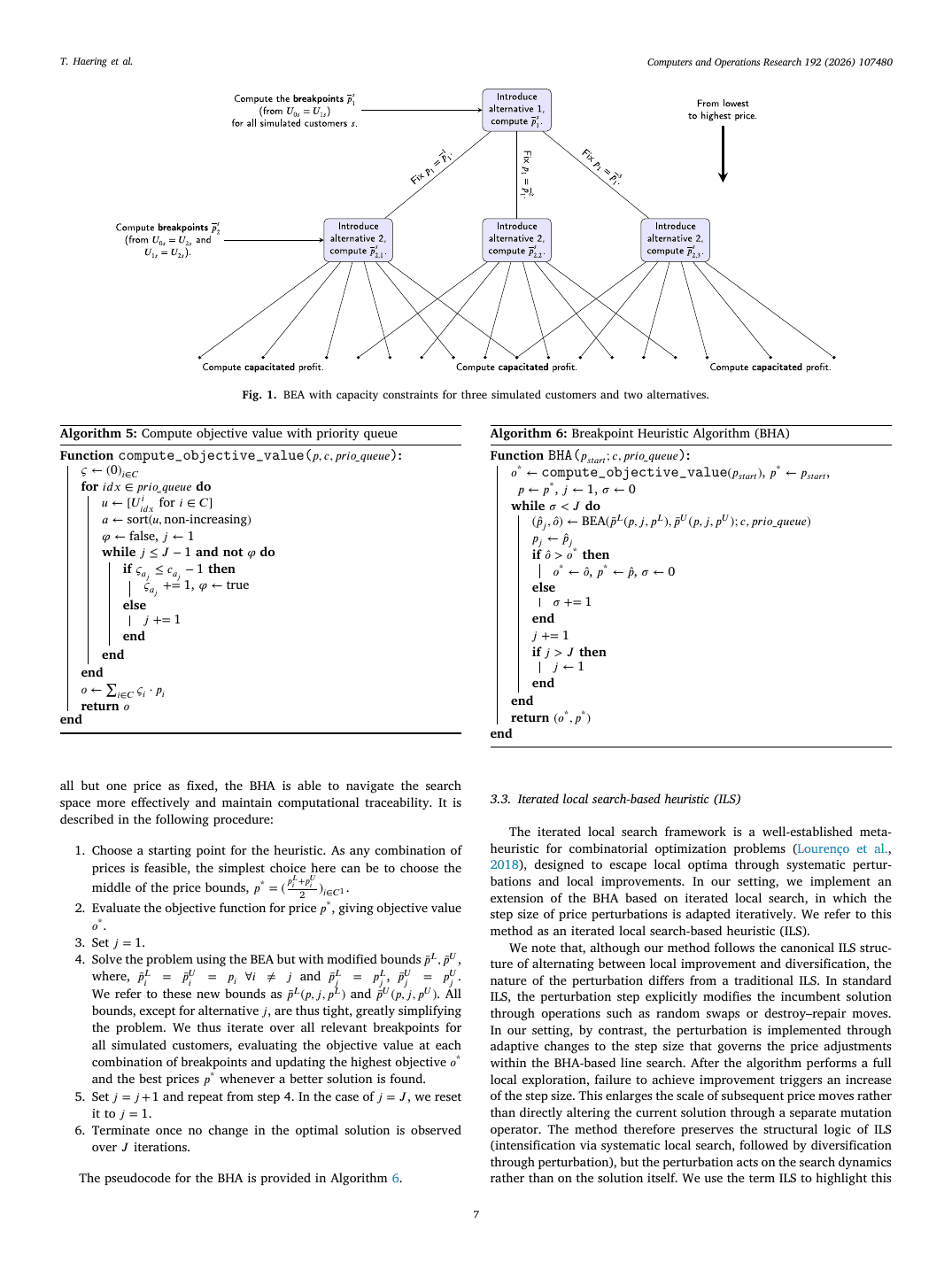 Figure 1 from the paper: the capacitated BEA enumeration tree for three simulated customers and two priced alternatives. Each node is a partial price configuration; each branch corresponds to fixing the next coordinate's price to one of the customer-scenario breakpoints. The exponential-in-J growth visible here is exactly what motivates the BHA: by running a 1D BEA at a time (instead of a J-dimensional one) we walk a single root-to-leaf path per coordinate sweep instead of enumerating the full tree.